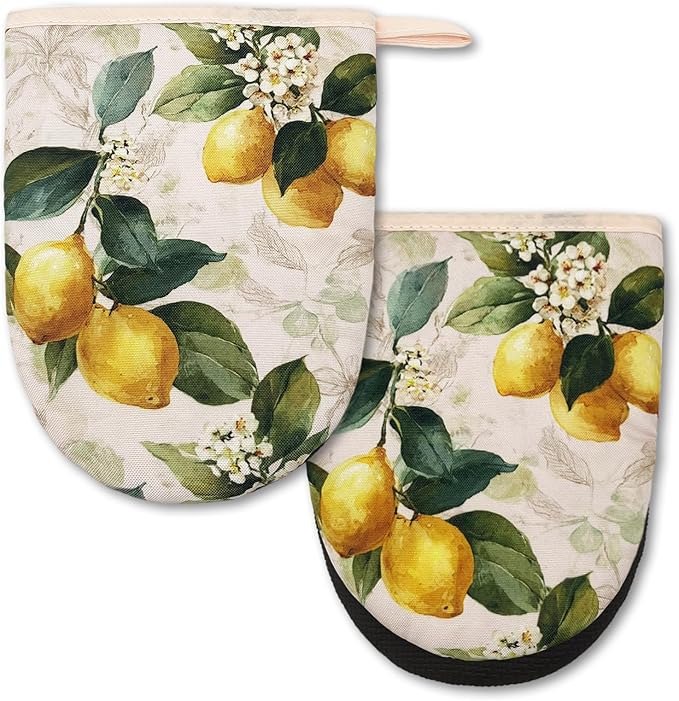 Watercolor Lemon Mini Silicone Oven Mitts 2-Pack Set, Heat Slip Resistant Kitchen Gloves, Soft Short Oven Mittens for Safe Cooking Baking Grilling