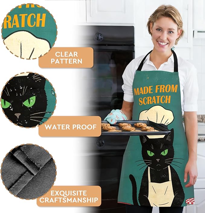 Funny Aprons for Women, Cat Mom Gifts, Made from Scratch Aprons for Women with Pockets