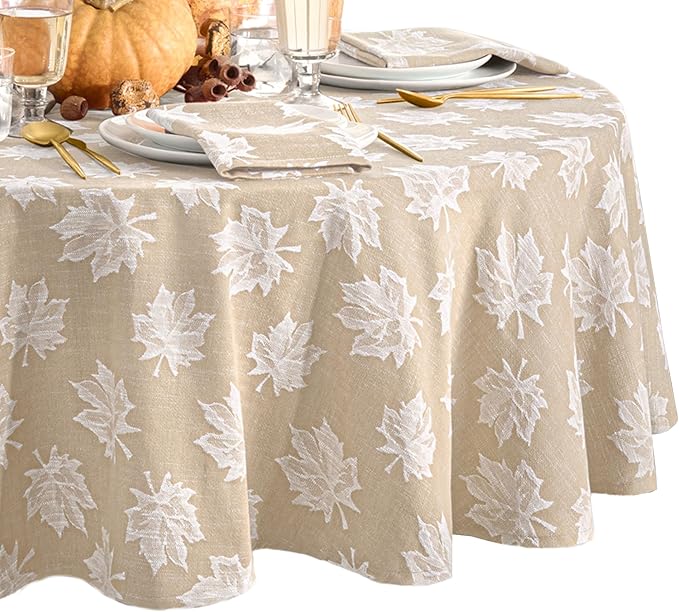 Elrene Home Fashions Falling Leaves Jacquard Harvest/Thanksgivingt Cotton Tablecloth, 60"x84" Oval, Taupe