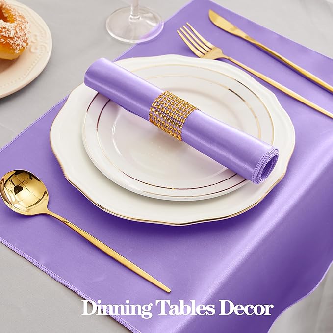 RUDONG M 100 Pcs Light Purple Satin Napkins and Napkin Rings Set, 17 x 17 Inch Square Cloth Napkins Set of 50, Silky Soft Table Napkins Bulk for Weddings, Banquet, Parties Dinner Decoration