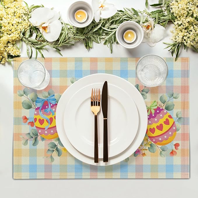 Easter Eggs Placemat Set of 4 Colorful Buffalo Check Plaid Non Slip Heat-Resistant Washable Table Place Mats 12 x 18 Inch for Holiday Seasonal Party Kitchen Dining