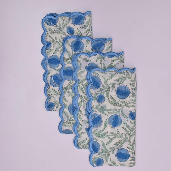 Ridhi Hand Block Print Queen Blue 18" x 18" (Set of 4) Embroidery Table Napkins Reusable Cotton Dinner Napkins for Weddings, Parties, Everyday Dining Gift for Spring, Easter, Valentine