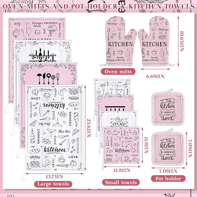 12 Pcs Farmhouse Pink Kitchen Decorations Sets 4 Pink and White Kitchen Towels 4 Absorbent Dishcloths 2 Pot Holders 2 Oven Mitts Gloves for Home Decorations Mom Gifts