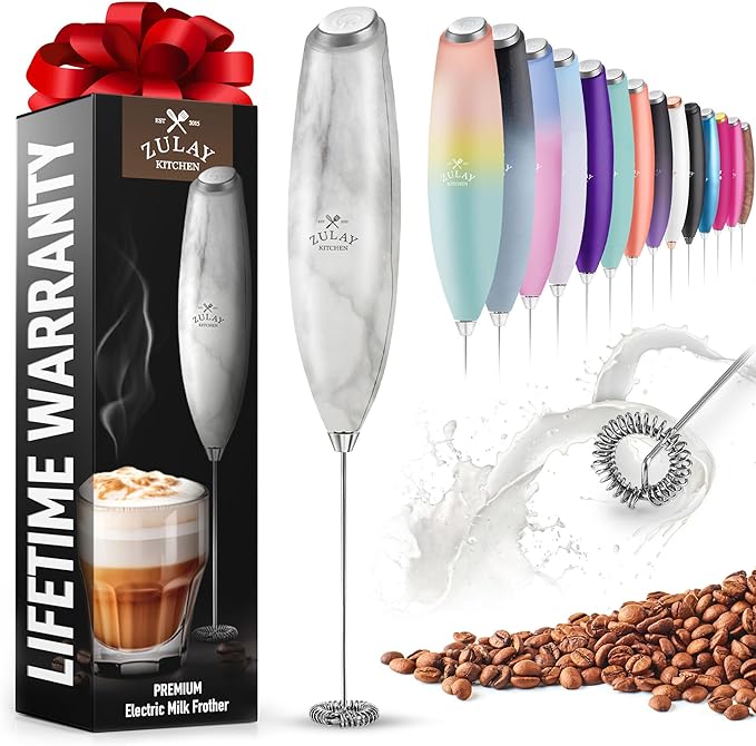 Zulay Powerful Milk Frother for Coffee with Upgraded Titanium Motor - Handheld Electric Whisk, Milk Foamer, Mini Mixer & Coffee Blender for Frappe, Latte, Matcha, No Stand - Marble
