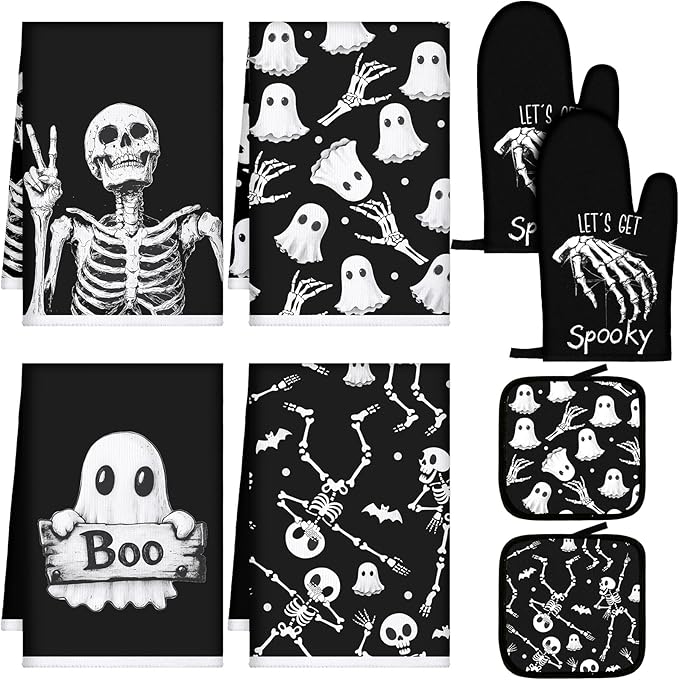 Leinuosen 8 Pcs Skull Kitchen Decor Set Kitchen Towels Gothic Oven Mitts and Pot Holders Skeleton Hand Dish Towels Horror Oven Mitts for Home Decoration Party Gifts (Vintage Color,Ghost)