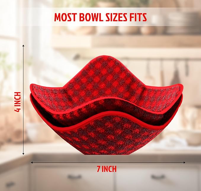 Set 2X Black 7" sq. x 4" H Red Microwave Bowl Cloth Hot Pads Pot - Microwave Safe Holder Multipurpose Heat Resistant Plate Holder Polyester Potholder - Protector for Heat Soup, Food, Meals