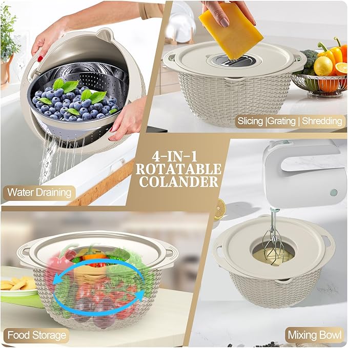 4-1 Colander with Bowl Set - Rotatable Colander for Kitchen (Patented), Upgraded Graters Food Strainers for Pasta Fruits and Vegetables, Funny Presents for Women, Aesthetic Kitchen Gadget - Beige