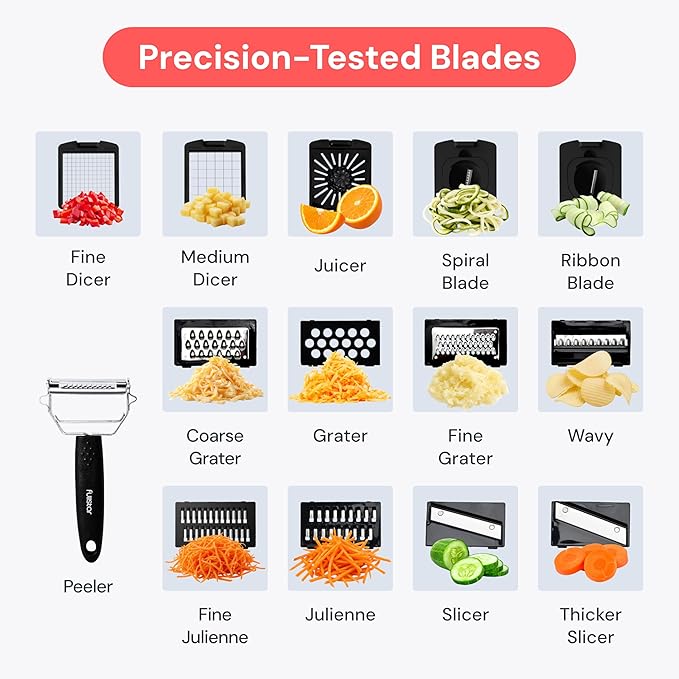 Fullstar Premium Vegetable Chopper and Mandoline Slicer - Food Chopper and Spiralizer with Container, Julienne Slicer, Fruit Slicer, Veggie Cutter, Kitchen Gadgets & Gift for Mom (14 in 1, Silver)