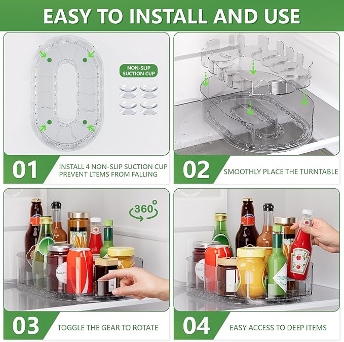 Lazy Susan Organizer for Refrigerator, 13.5'' x 8.5'' Clear Rectangular Turntable Fridge Organizer for Condiments in Refrigerator, Cabinet, Pantry, or Kitchen Countertop (2 Pack)