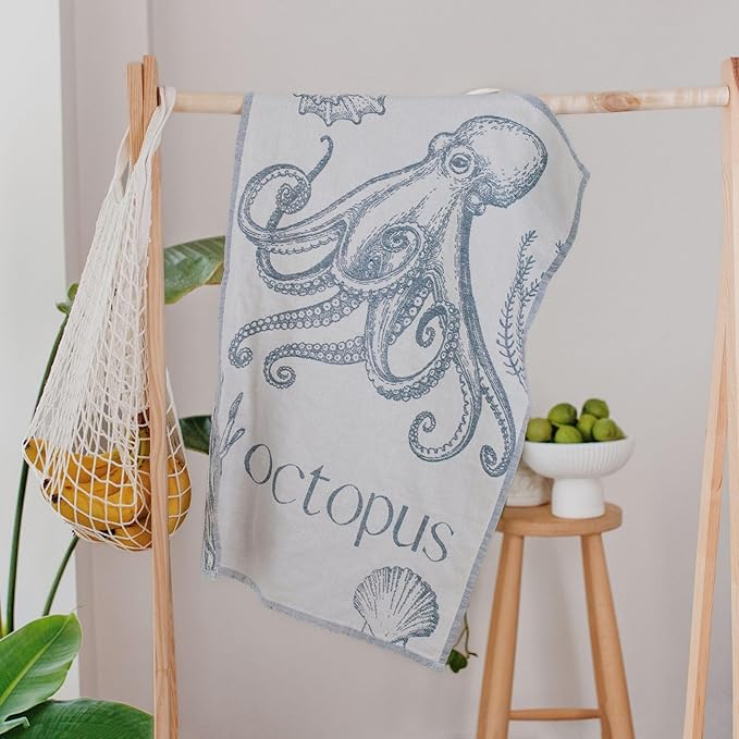 Nautical Kitchen Towels with Ocean-Themed Designs – 100% Turkish Cotton Jacquard Tea Towels with Octopus, Crab, Seahorse & Jellyfish Designs – Soft, Absorbent & Decorative Dishcloths (Sea Life)