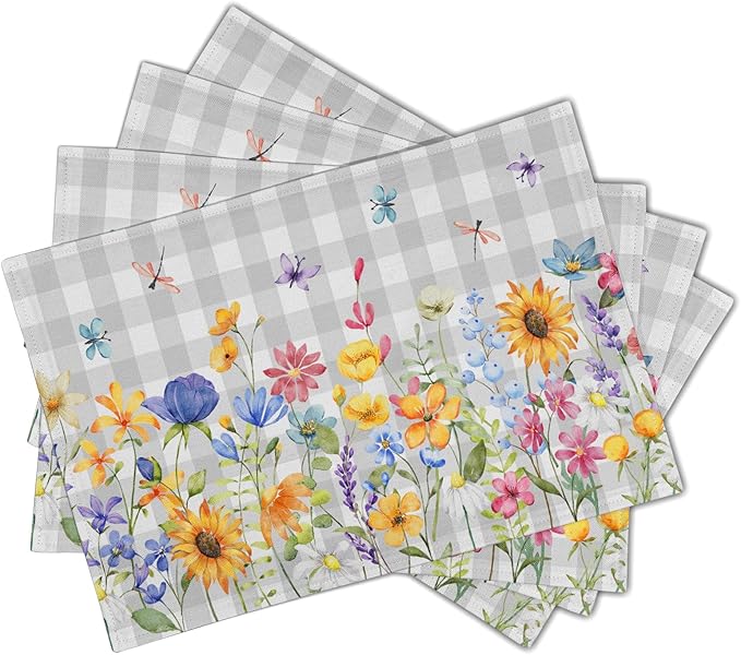Giwawa Spring Floral Placemats, 12"x18" Summer Flowers Grey Checkered Linen Table Mats Set of 4, Watercolor Wildflower Butterfly Washable Heat Resistance for Seasonal Kitchen Dining Decor