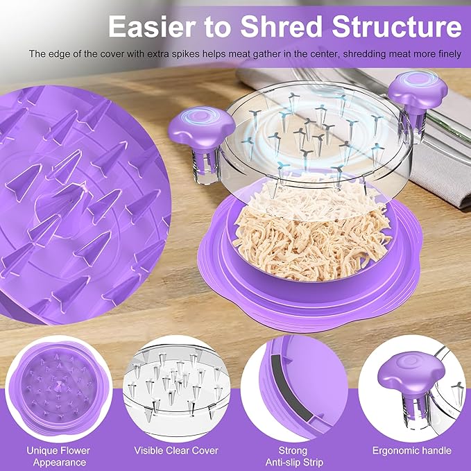 SURETIVIAN Chicken Shredder Large Chicken Breast Shredder Tool Twist with Brush&Fork, Visible Meat Shredder Machine, Anti-Slip Strip, Ergonomic Handle, BPA Free, Suitable for Pork Beef Chicken(Purple)