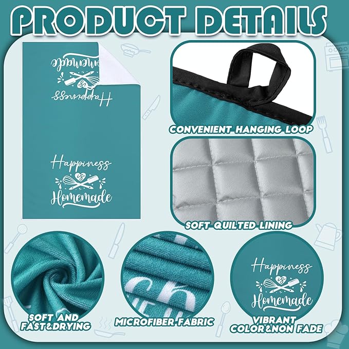 Sratte 6 Pcs Kitchen Decor Accessories Set Farmhouse Towels Pot Holders Oven Mitts Set 2 Dish Towels 2 Potholders 2 Cooking Mittens Oven Glove for Christmas Baking Cooking Supply(Teal,Kitchen)