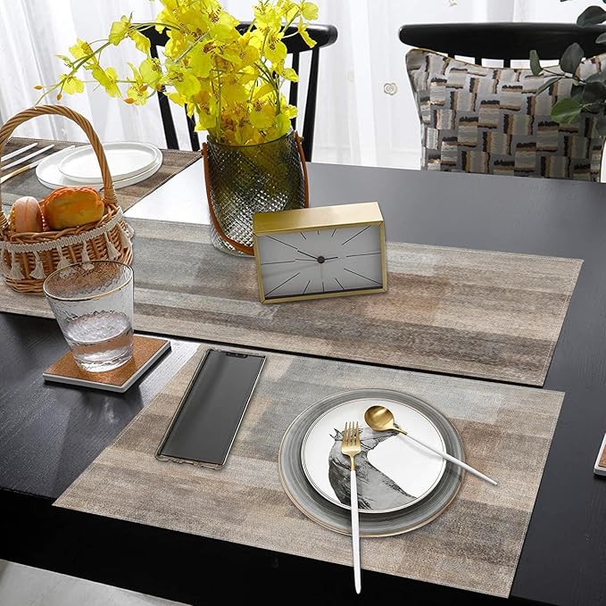 ArtSocket Farmhouse Table Runner and Placemats Set of 6, Abstract Brown Grey Painting Art Dining Decor for Daily Use(1 Table Runner 72 inches Long and 6 Placemats)