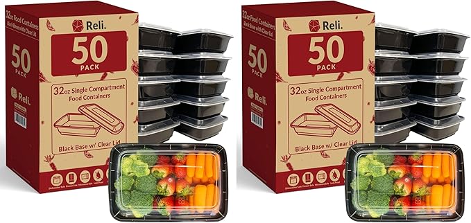 Reli. Meal Prep Containers (100 Pack, 32 oz.) | 1 Compartment Food Containers with Lids | Microwavable Freezer Dishwasher Safe - Bento Box