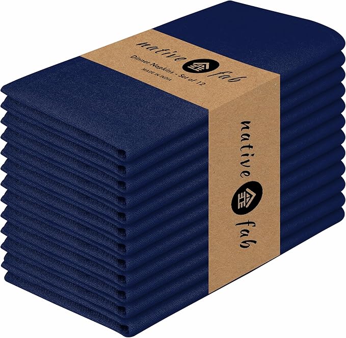 Native Fab Cloth Dinner Napkins Set of 12 Cotton 17x17 Absorbent Soft Restaurant Hotel Quality - Cocktail Napkins, Wedding Dinner Napkins - Everyday Use, Easy Care Washable - Ink Blue