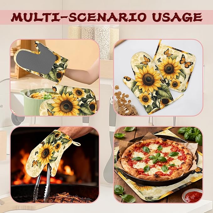 Vintage Sunflower Silicone Oven Mitts and Pot Holders,Butterfly Heat-Resistant 4 Piece Kitchen Set Non-Slip Oven Gloves and Hot Pads for Cooking, Baking, Grilling,BBQ