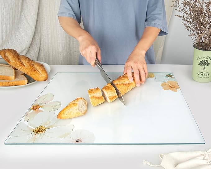 Kitchenville Glass Cutting Board 20”x16”: Tempered Glass Kitchen Counter Protector - Durable- Scratch-Resistant, Heat-Proof - Design 5 - Floral Design
