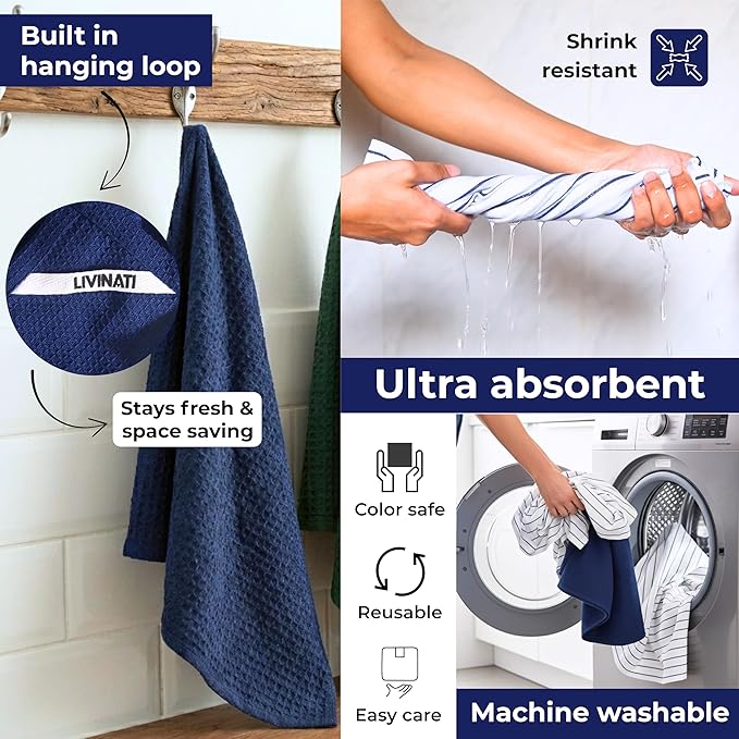 Cotton Dish Towels For Kitchen Drying - Highly Absorbent Wide Navy Blue Striped Plaid Tea Towels - 18"X28" Set Of 6 Farmhouse Linen Dishtowels In Bulk - Pano De Prato Para Cozinha - T Towles Towls