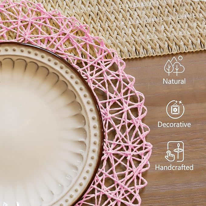 AHHFSMEI Paper Braided Round Placemats Set of 6 Natural Non-Slip Heat Resistant Table Mats for Dining Tables Woven Indoor Outdoor Place mats(Pink)