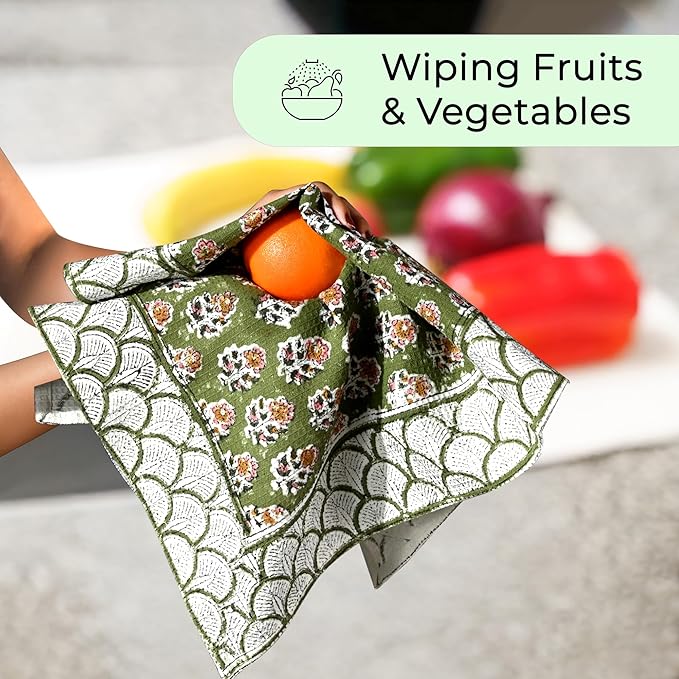 CPC Jade Green Hand Block Print Waffle Kitchen Towel Set of 3-16 x 28 Inch Ultra Absorbent Quick Dry Cotton Dish Towels Lightweight Reusable Sustainable Tea Towels for Cleaning and Drying