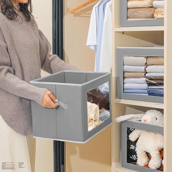 Homsorout Storage Bins with Lids, 3 Pack Large Storage Cubes with Window, Closet Bins with Lids & Handles, Fabric Box for Organizing Clothes, Towels, Books, Grey