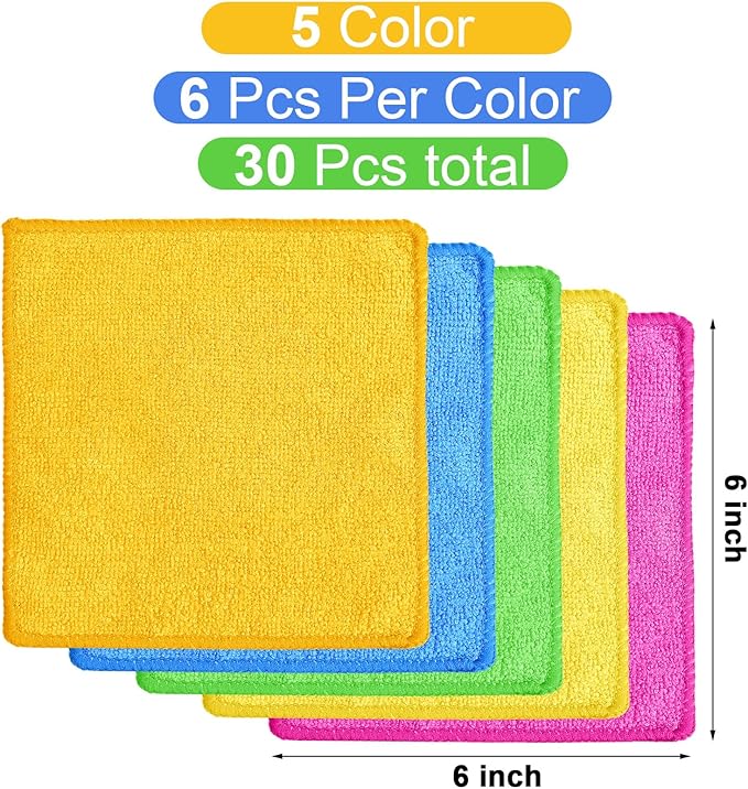 Tanlade Cleaning Cloth Dry Erase Cloth Cleaning Rags Reasonable Kitchen Towels Microfiber Towels Cars Wash(6 x 6 Inch,Green/Blue/Yellow/Pink/Orange,30 Pcs)