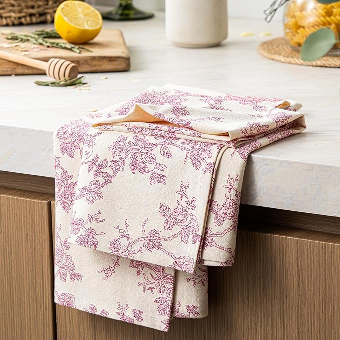 100% Cotton French Pastoral Kitchen Towels Set of 2, Decorative Flour Sack Tea Towels with Hanging Loop 18x25 Inch Absorbent Dish Cloths Farmhouse Home Decor, Pink