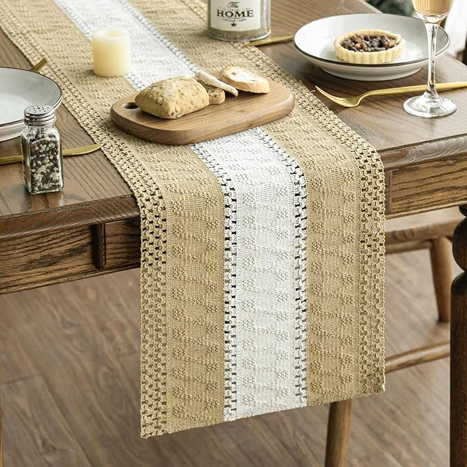 Artoid Mode Burlap Brown Farmhouse Rustic Table Runner, Seasonal Hollow Kitchen Dining Table Decoration for Home Party Decor 12x90 Inch