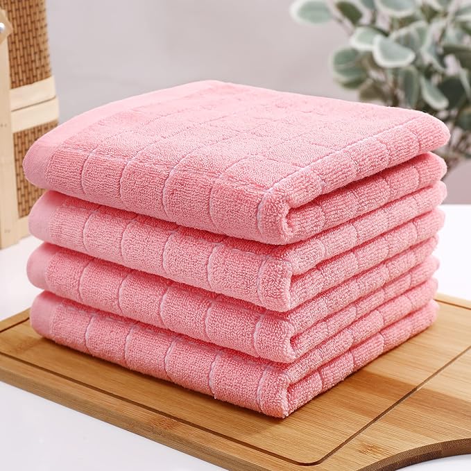 Homaxy 100% Cotton Terry Kitchen Towels(Pink, 13 x 28 inches), Checkered Designed, Soft and Super Absorbent Dish Towels, 18 Pack