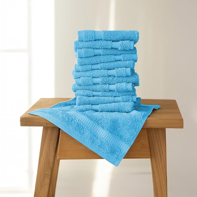 SALBAKOS 100% Turkish Cotton Washcloth Set of 12, 13x13 inch | Premium Quality | Hotel & Spa Collection | Ultra Soft, Super Absorbent, Wash Cloth Towels | Made in Turkey (Aqua, 12 Washcloths)
