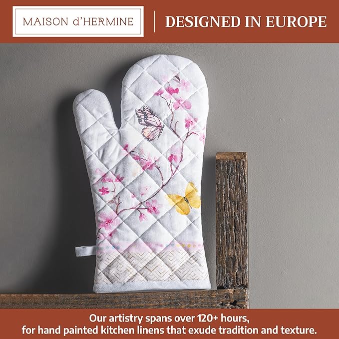 Maison d'Hermine Oven Gloves 100% Cotton Oven Mitt 7" x 13" with Loop Heat Resistant BBQ Cooking Gloves Baking Grilling Gifts for Mothers Day Spring/Summer (Pack of 1, Blossoms in Spring)