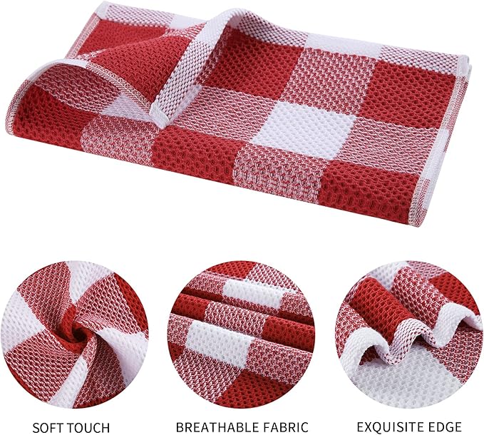 Mordimy 100% Cotton Waffle Weave Kitchen Towels, 13 x 28 Inches, Super Soft and Absorbent Buffalo Check Dish Towels for Drying Dishes, 4-Pack, Red & White