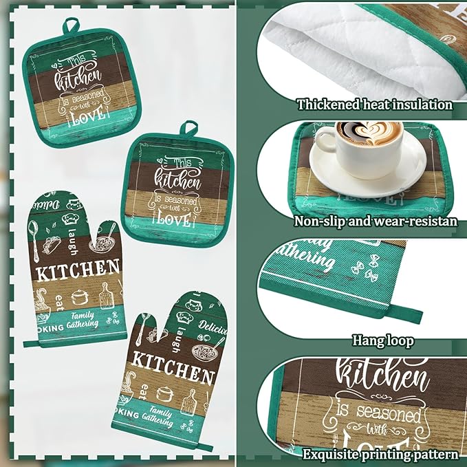 12 Pcs Farmhouse Kitchen Decor Sets 4 Teal Green Kitchen Towels 4 Teal Absorbent Dishcloths 2 Rustic Pot Holders 2 Oven Mitts Gloves for Home Decorations Mom Gifts