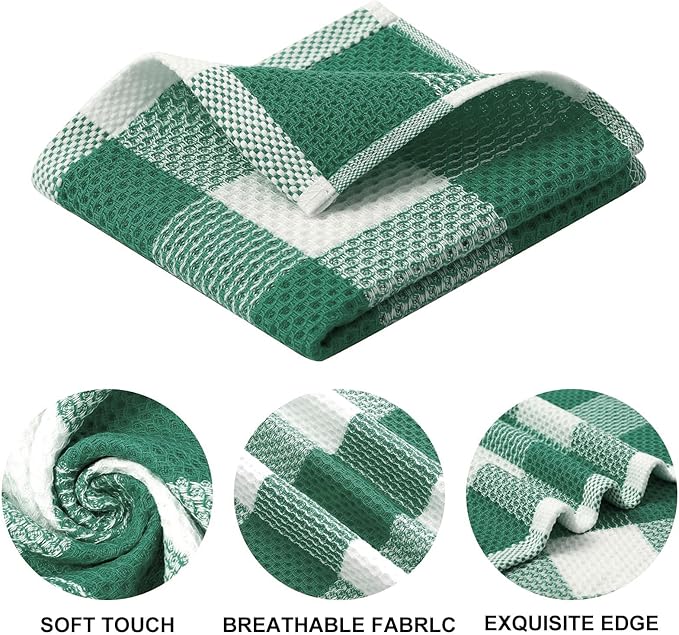 Mordimy 100% Cotton Waffle Weave Plaid Dish Cloths, 12 x 12 Inches, Super Soft and Absorbent Quick Drying Buffalo Check Dish Rags for Kitchen, 6-Pack, Dark Green & White