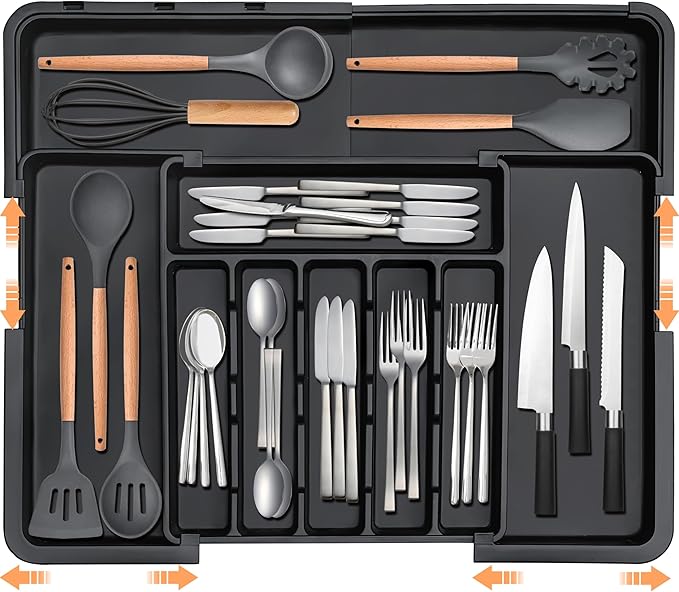 Spaclear Silverware Organizer Expandable Kitchen Utensil Drawer Organizer Large BPA Free Adjustable Cutlery Silverware Tray for Spoons Forks Knives Storage Divider for Kitchen Flatware 6-9 Slots Black