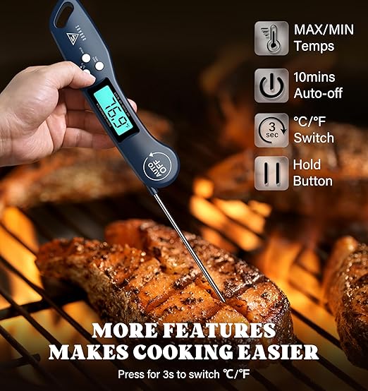 DOQAUS Digital Meat Thermometer, Instant Read Food Thermometer for Cooking with Backlit & Auto-Rotating Display, 4.6” Probe for Grilling, Baking, and Perfect BBQ - Blue