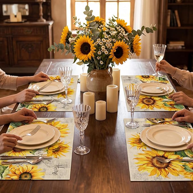 Sunflower Placemats Set of 4, Spring Summer Sunshine Table Mats 12x18 Inch, Farmhouse Washable Table Decor for Kitchen Dining Indoor Outdoor Party Holiday