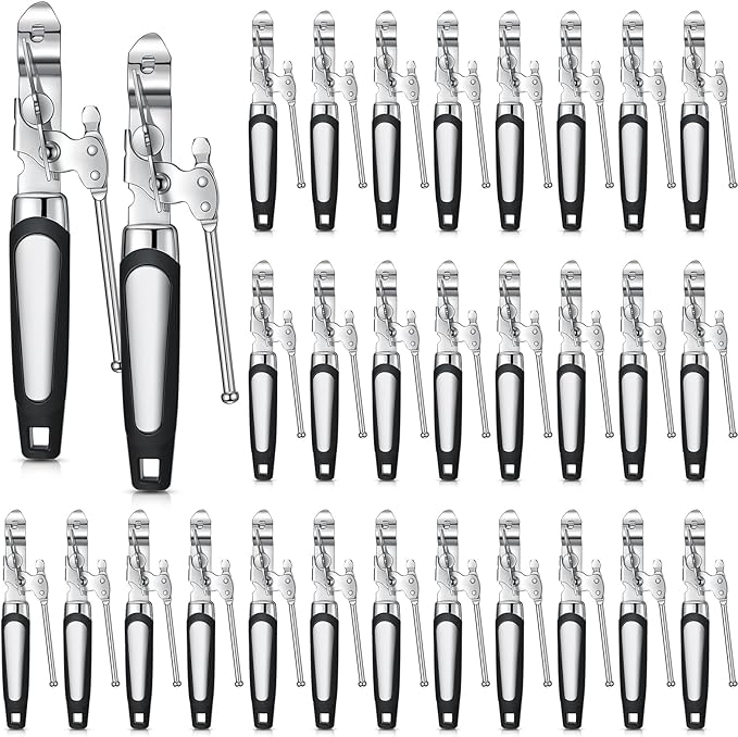 Gisafai 30 Pcs Can Opener Manual Bulk Smooth Edge with Sharp Blade and Soft Non Slip Grip Handle Heavy Duty Handheld Safety Can Opener, Black and Silver