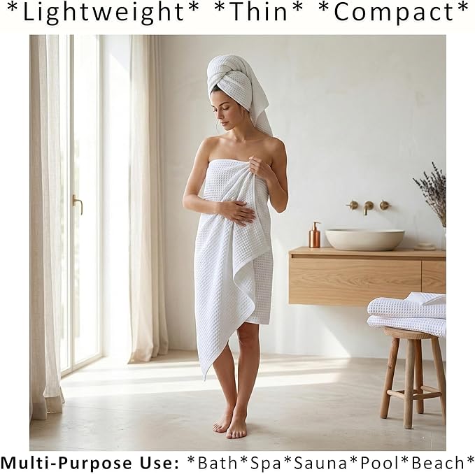 PÜSKÜL 2-Piece White Waffle Bath Towels for Bathroom | Natural 100% Turkish Cotton Towel | Soft Absorbent Quick-Dry Lightweight 32x63 Extra Large Turkish Bath Sheet (White Bath Towels - Pack of 2)