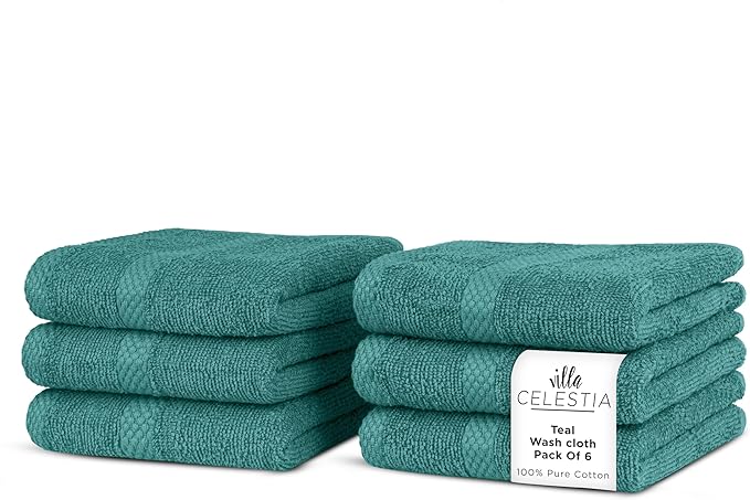 100% Cotton Wash Cloth for face & Body Set of 6, (12 x 12 inches) Sustainable, Soft, Highly Absorbent, Combed Cotton Wash Cloths Pack of 6 for Hotels, Spa, Bathroom, Dorm, Teal