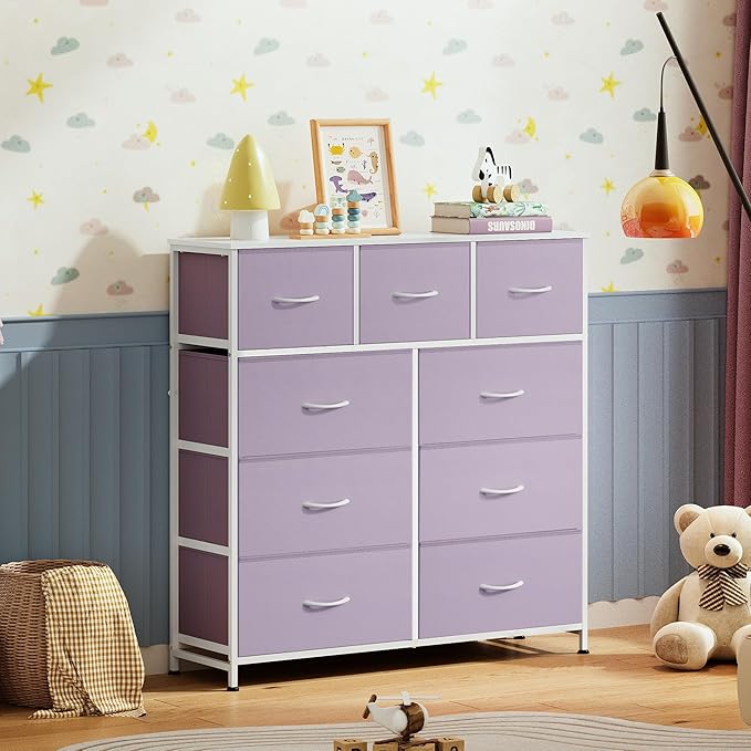 WLIVE 9 Drawer Dresser, Fabric Storage Tower for Bedroom, Hallway, Closet, Tall Chest Organizer Unit for Bedroom with Fabric Bins, Steel Frame, Wood Top, Easy Pull Handle, Purple
