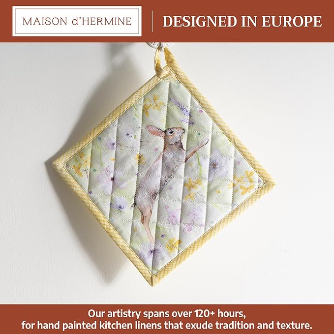 Maison d' Hermine Pot Holders 100% Cotton Heat Resistant Potholders 8" x 8" Hot Pads with Loop BBQ Cooking Baking Gifts for Mothers Day Handling Hot Pans Spring/Summer (Pack of 1, Easter Zest)