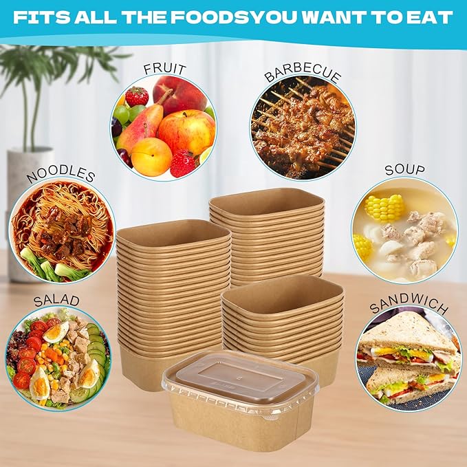 50 Pack 25oz Disposable Kraft Paper Bowls with Lids, Rectangle Meal Prep Containers Bulk, Large Paper Salad Bowl, Leakproof Food Containers Treat Soup Serving Bowls, Microwave Safe for Hot/Cold Food