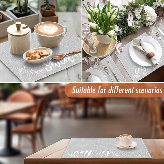 Farmhouse Placemats Set of 6 Linen Placemats 18x12'' Rustic Table Mats with Sayings Housewarming Gifts Country Tablemats Washable Cloth Place Mats for Farmhouse Table Setting(Grey)