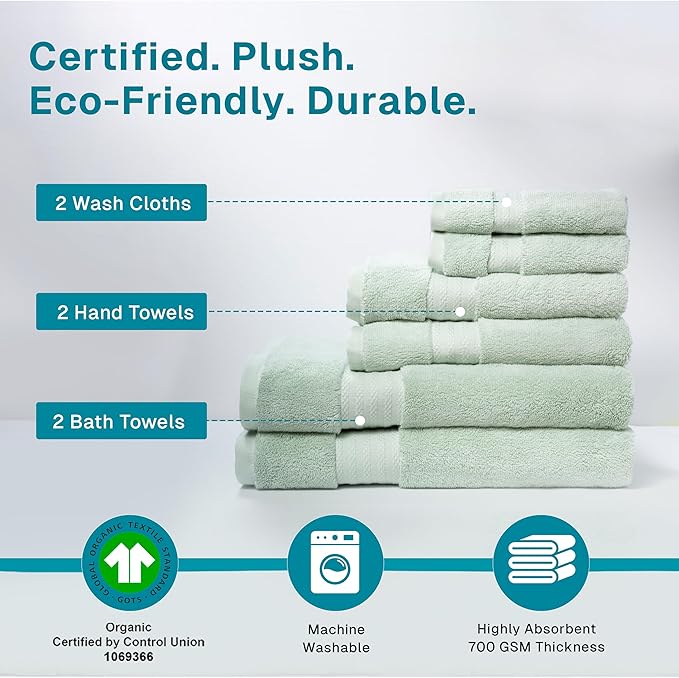 Fabdreams 100% Organic Cotton Bath Towel Set of 6 700 GSM Hotel Premium Plush Absorbent Soft Durable Skin-Friendly Spa Quality Bathroom Comfort with 2 Bath 2 Hand Towels and 2 Wash Cloths Green