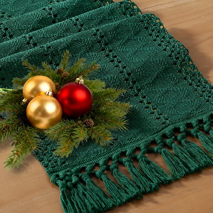 Socomi Boho Table Runner Easter Spring Farmhouse Rustic Dining Kitchen Centerpiece Decor Small Macrame Woven Cotton Linen Coffee Table Runner for Dresser Scarf Home Decor 12x60 inch Emerald Green