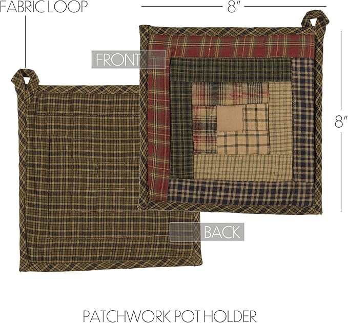 VHC Brands Tea Cabin Pot Holder Patchwork 8x8 Log Cabin Country Rustic Lodge Kitchen Tabletop Design, Moss Green and Deep Red