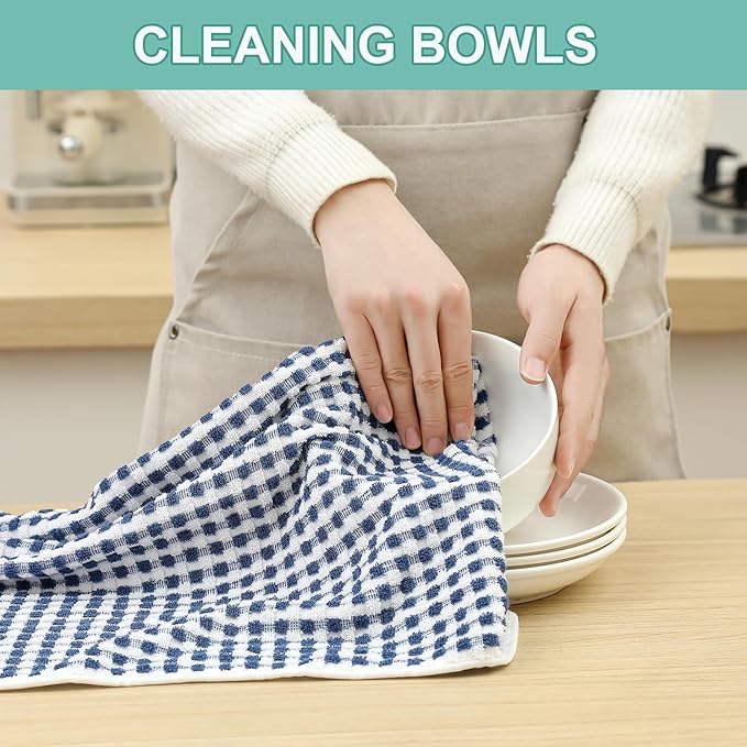 SALAS Cotton Dish Towels Cloths for Kitchen Drying Dishes, Lattice Terry Towels, Highly Absorbent Kitchen Cloths with Hanging Loop, 16‘’ x 26‘’, 4 Packs, Blue