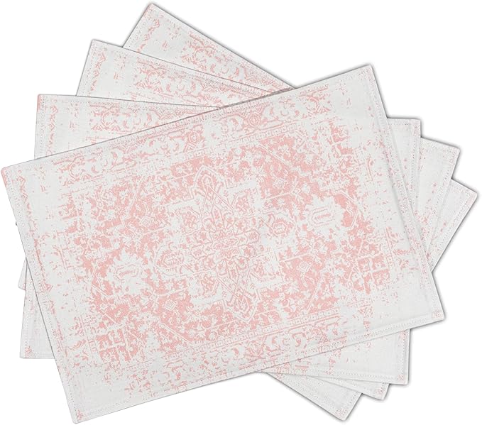 aportt Gray Pink Boho Placemats Set of 4 Ethnic Bohemian Carpet Place Mats Washable Kitchen Dining Vintage Grey Geography Floral Linen Table Mats Stain Heat-Resistant for Home Party Indoor 12x18 in